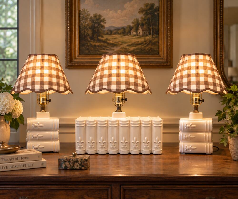 Vintage Book Lamps Set of 3 Ceramic Stacked Books Fleur de Lis Table Lamps
